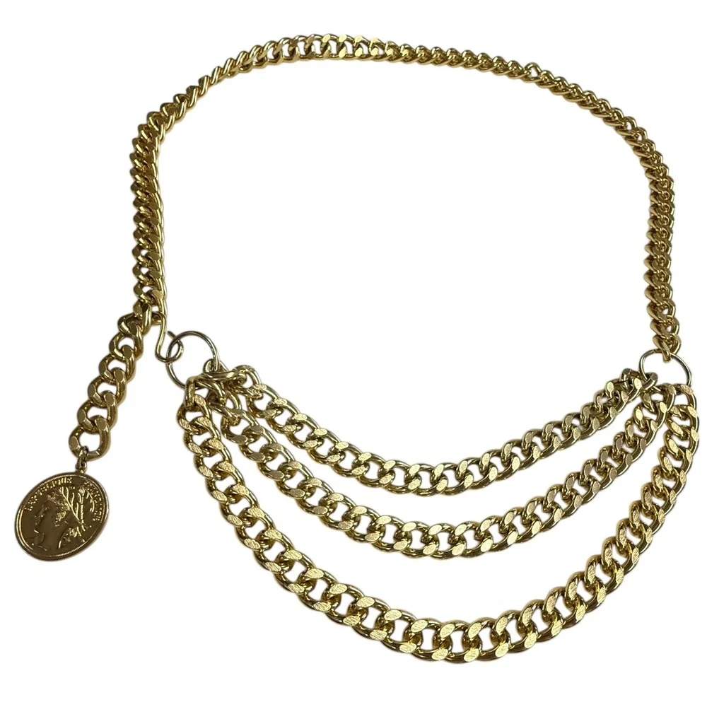 Womens Gold Tone Triple Chain Belt Faux French Coin Charm‎ Y2K Glam Waist Belt